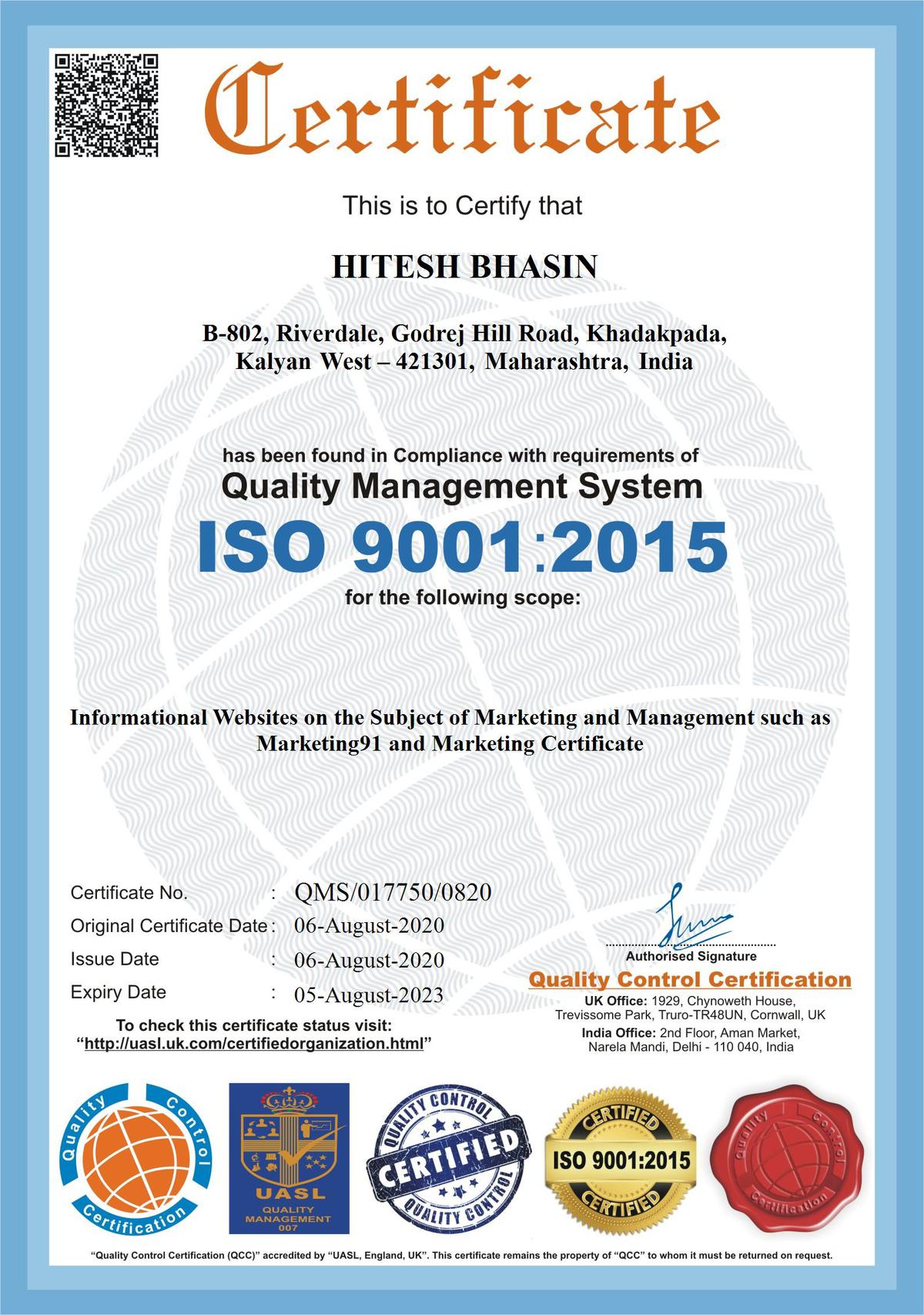 ISO Certification for Hitesh Bhasin Marketing91