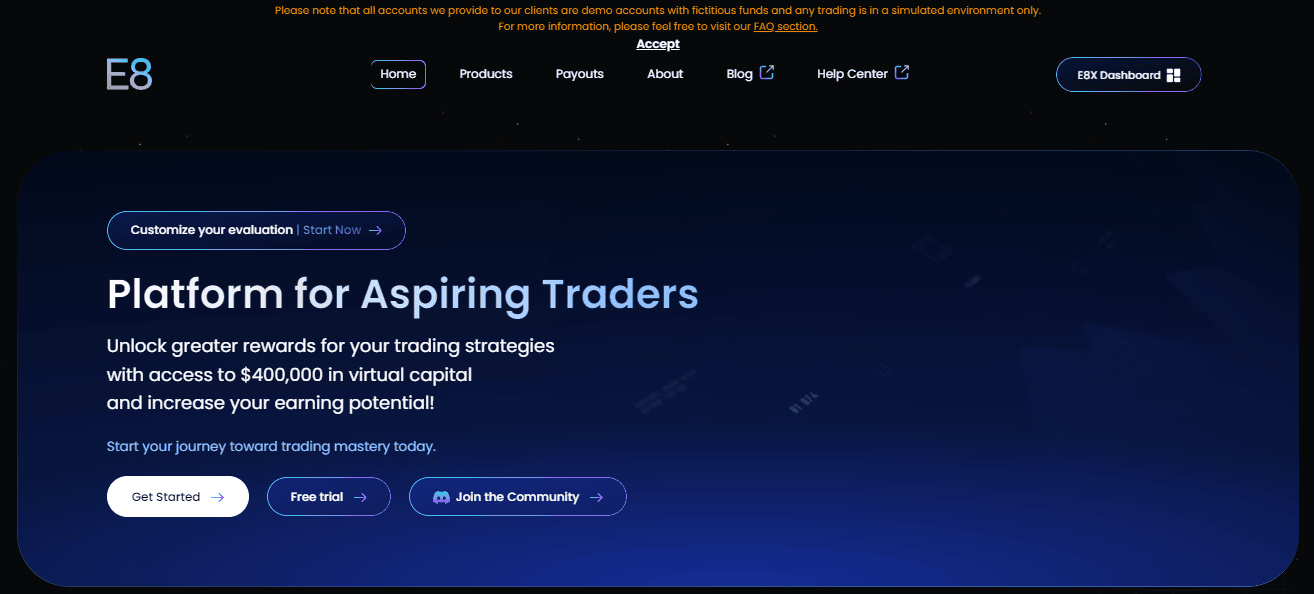 E8 Markets funded accounts for trading