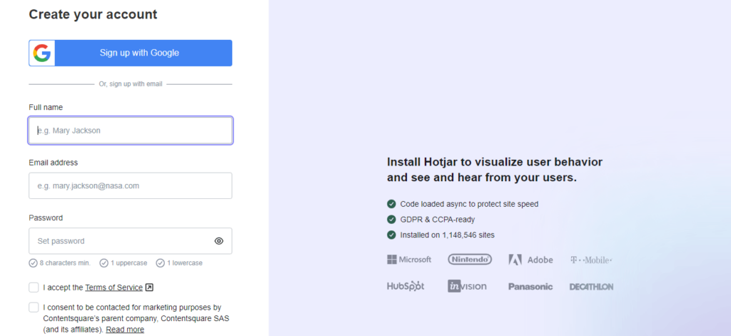 Hotjar Account Sign Up