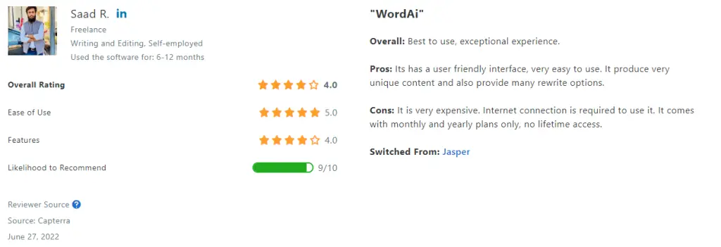 Positive User review of WordAi