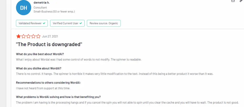 Negative User review of WordAi