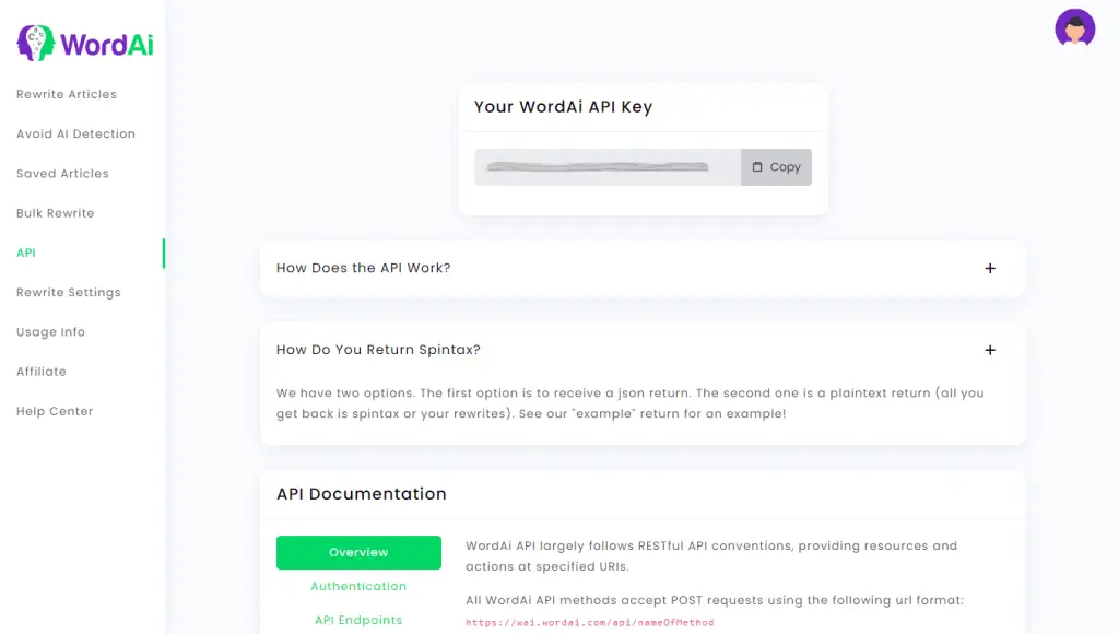 Using the Api Key of WordAi